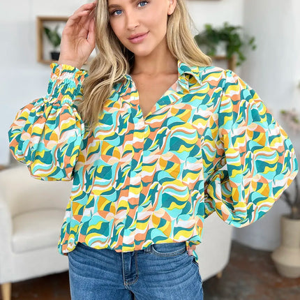 Double Take Full Size Printed Smocked Long Sleeve Blouse - Image 6