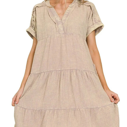 Zenana Washed Double Gauze Raw Edge Notched Dress - Image 1