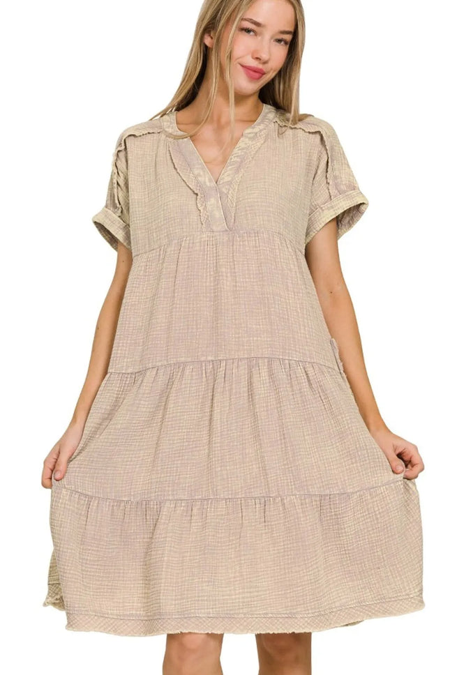 Zenana Washed Double Gauze Raw Edge Notched Dress