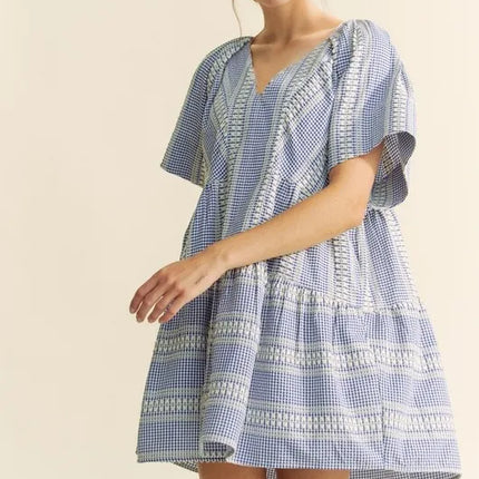 Davi & Dani Embroidered Stripe Ruffled Gingham Mini Dress - Image 2