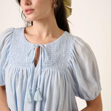 Mittoshop Tassel Tie Plaid Gauze Short Sleeve Mini Dress - Image 2