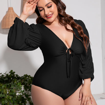 Plus Size Tied Deep V Balloon Sleeve One-Piece Swimsuit - Image 5