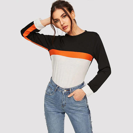 Shiny Color Block Round Neck Long Sleeve Tee - Image 3