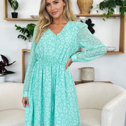 Double Take Full Size Printed Ruched V-Neck Long Sleeve Dress - Image 15