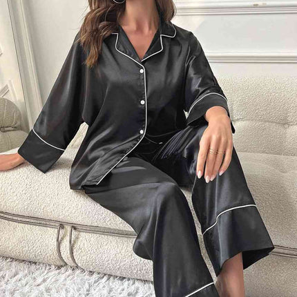 Contrast Piping Button-Up Top and Pants Pajama Set - Image 5