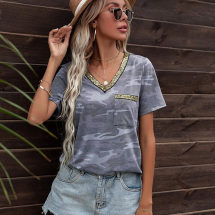 Glitter V-Neck Short Sleeve Tee Shirt - Image 10