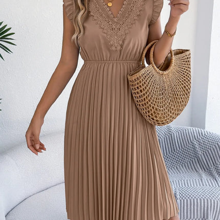 Lace Detail Ruffled Cap Sleeve Pleated Dress - Image 11