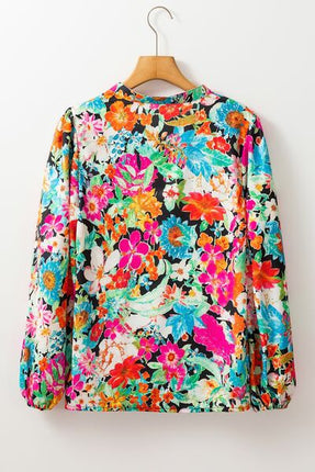 Floral Tie Neck Balloon Sleeve Blouse - Image 5