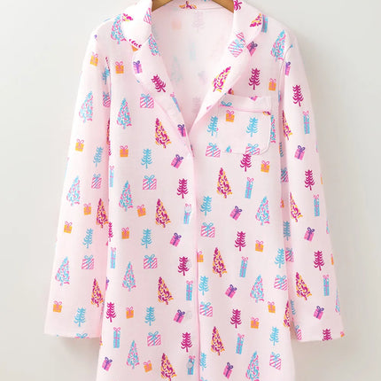 Printed Collared Neck Long Sleeve Lounge Dress - Image 3