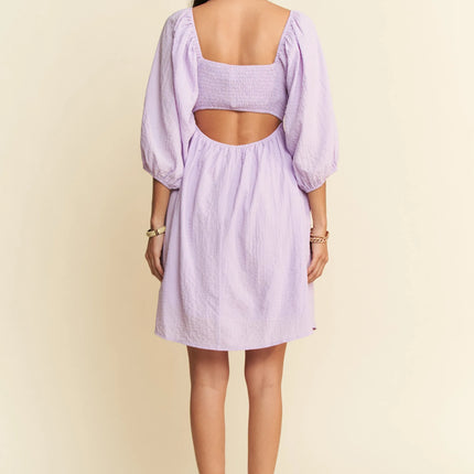 Davi & Dani Self-Tie Puff Sleeve Smocking Open Back Mini Dress - Image 7