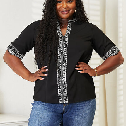 Double Take Embroidered Notched Neck Top - Image 7