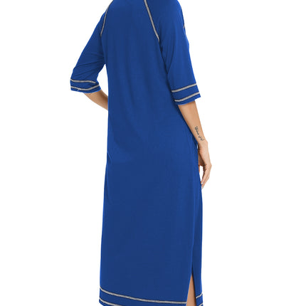 Zip Up Slit Round Neck Night Dress with Pockets - Image 18