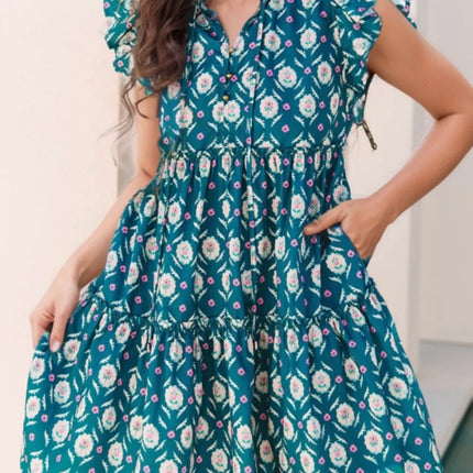 Printed Tie Neck Ruffled Cap Sleeve Dress - Image 2