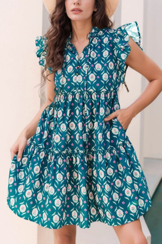 Printed Tie Neck Ruffled Cap Sleeve Dress
