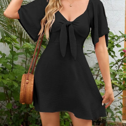Smocked Back Knotted Flutter Sleeve Dress - Image 14