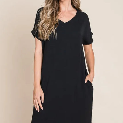 BOMBOM V-Neck Short Sleeve Dress with Pockets - Image 1