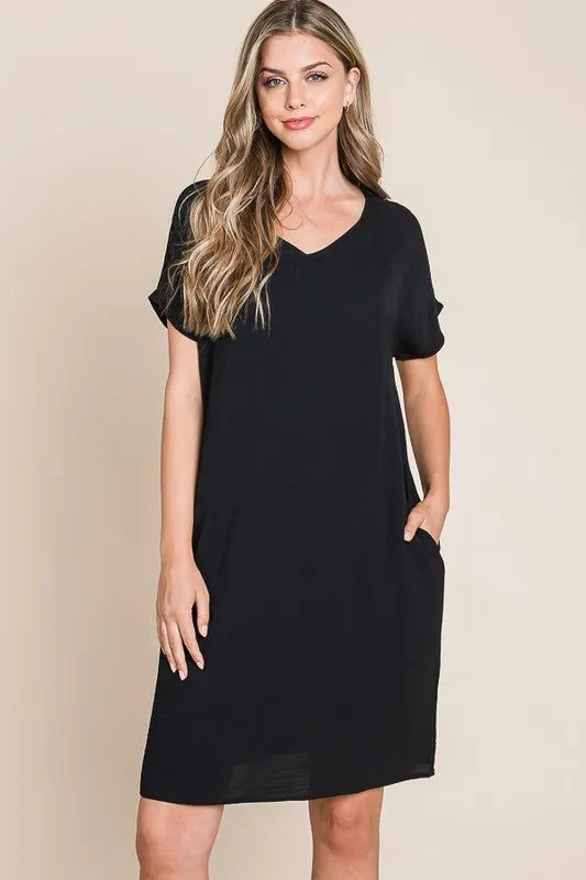 BOMBOM V-Neck Short Sleeve Dress with Pockets