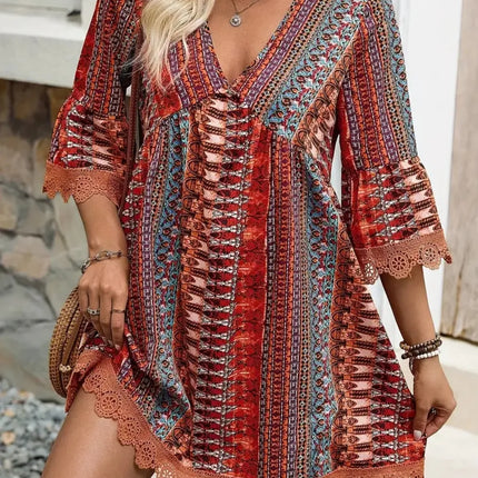 Lace Trim Printed V-Neck 3/4 Sleeve Dress - Image 3