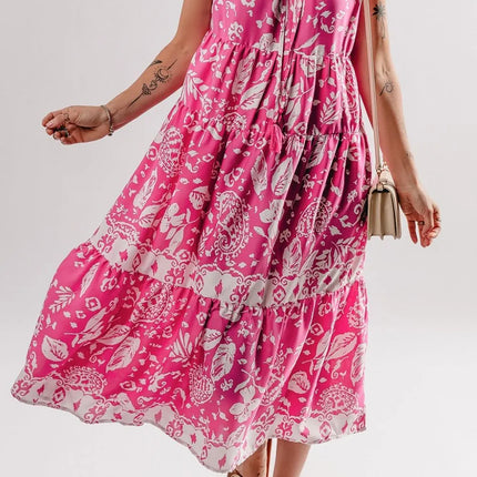 Floral Sleeveless Tasseled Tie Neck Tiered Midi Dress - Image 5