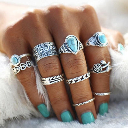 Artificial Turquoise Alloy Ring 10-Piece Set - Image 1