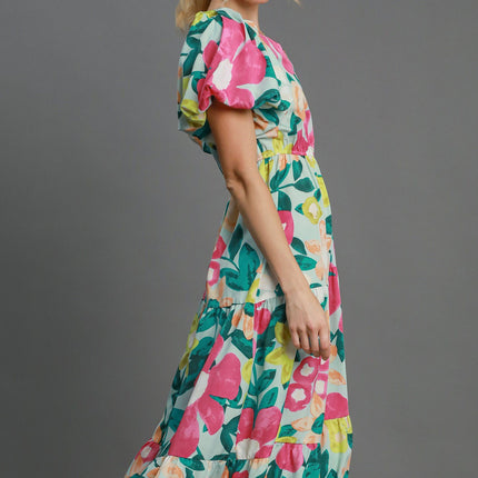 Umgee Full Size Tiered Floral Print Notched Puff Sleeve Midi Dress Plus Size - Image 3