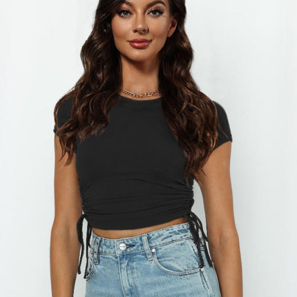 Round Neck Short Sleeve Drawstring Tee - Image 4