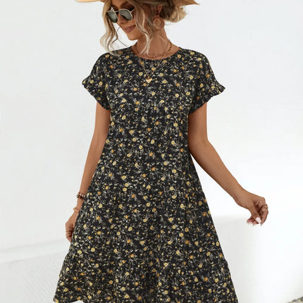 Frill Floral Round Neck Short Sleeve Tiered Dress - Image 4