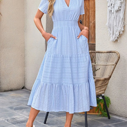 Tiered Notched Short Sleeve Dress - Image 4