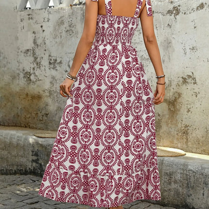 Smocked Slit Printed Tie Shoulder Dress - Image 5