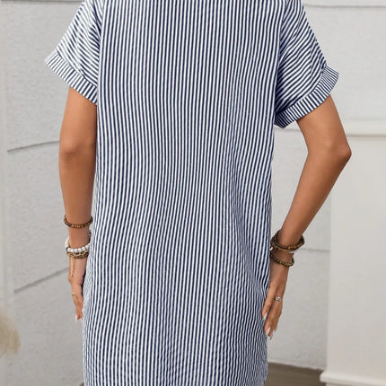Striped Button Down Short Sleeve Mini Dress - Image 10