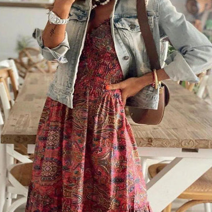 Full Size Smocked Printed V-Neck Short Sleeve Dress - Image 3