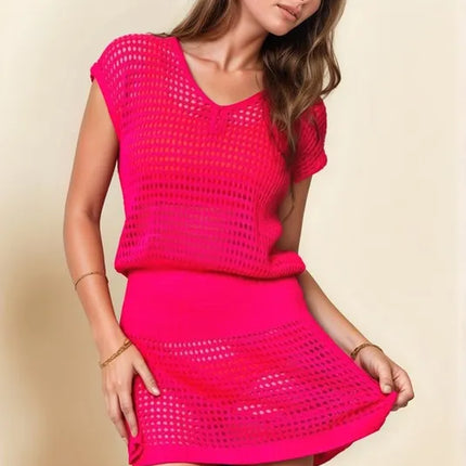 Davi & Dani Sleeveless V Neck Mesh Knit Cover Up Dress - Image 1