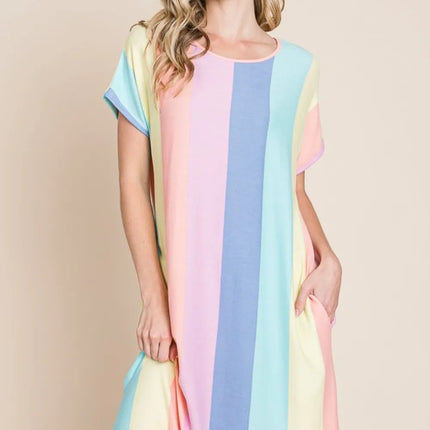 BOMBOM Striped Short Sleeve Dress with Pockets - Image 3