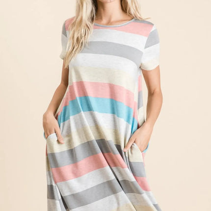 BOMBOM Striped Short Sleeve Dress with Pockets - Image 4