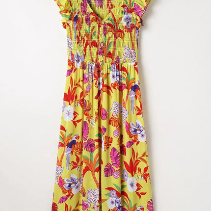 Cheetah Plant Print Shirred Button V Neck Maxi Dress - Image 7