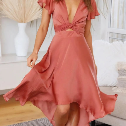 High-Low Plunge Flutter Sleeve Dress - Image 1