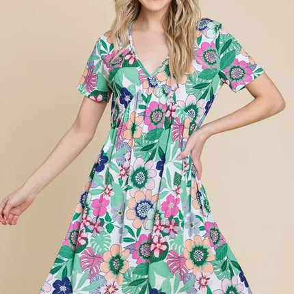 BOMBOM Ruched Floral V-Neck Short Sleeve Dress - Image 1