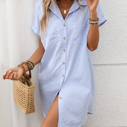 Striped Button Down Short Sleeve Mini Dress - Image 3