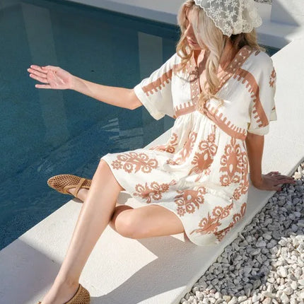 VERY J Printed V-Neck Woven Mini Dress - Image 1