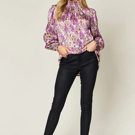 Double Take Full Size Printed Smocked Long Sleeve Blouse - Image 25