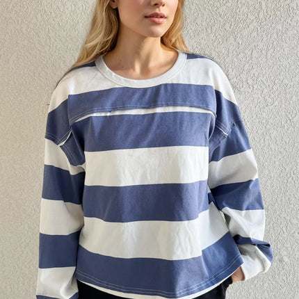 Oh Pima Cotton Wash Exposed Seam Contrast Striped Round Neck Long Sleeve T-Shirt - Image 1