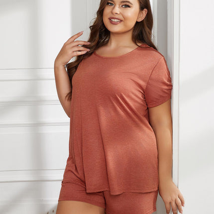 Plus Size Round Neck Short Sleeve Two-Piece Loungewear Set - Image 3