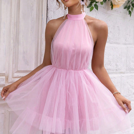 Halter Neck Backless Mesh Dress - Image 3