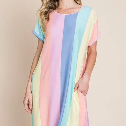 BOMBOM Striped Short Sleeve Dress with Pockets - Image 5