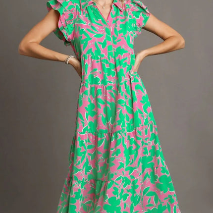 Umgee Full Size Floral Collared Ruffle Cap Sleeve Midi Dress Plus Size - Image 1