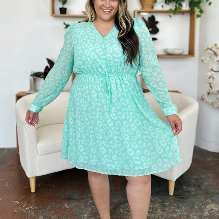 Double Take Full Size Printed Ruched V-Neck Long Sleeve Dress - Image 7