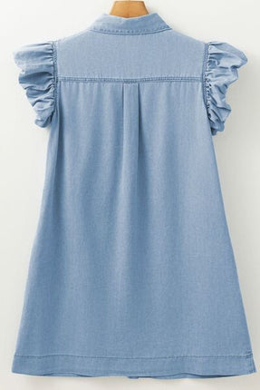 Smocked Collared Neck Cap Sleeve Denim Dress - Image 9