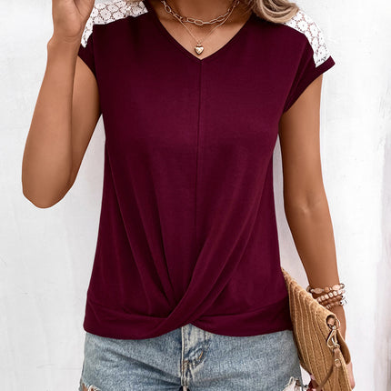 Ivy Lane Spliced Lace V-Neck Twisted Hem Tee - Image 6