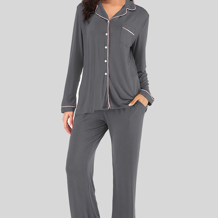 Collared Neck Long Sleeve Loungewear Set with Pockets - Image 22