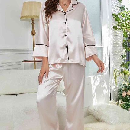 Contrast Piping Button-Up Top and Pants Pajama Set - Image 7